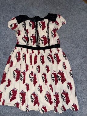 Ivory Dress with Red Rose Skull Print